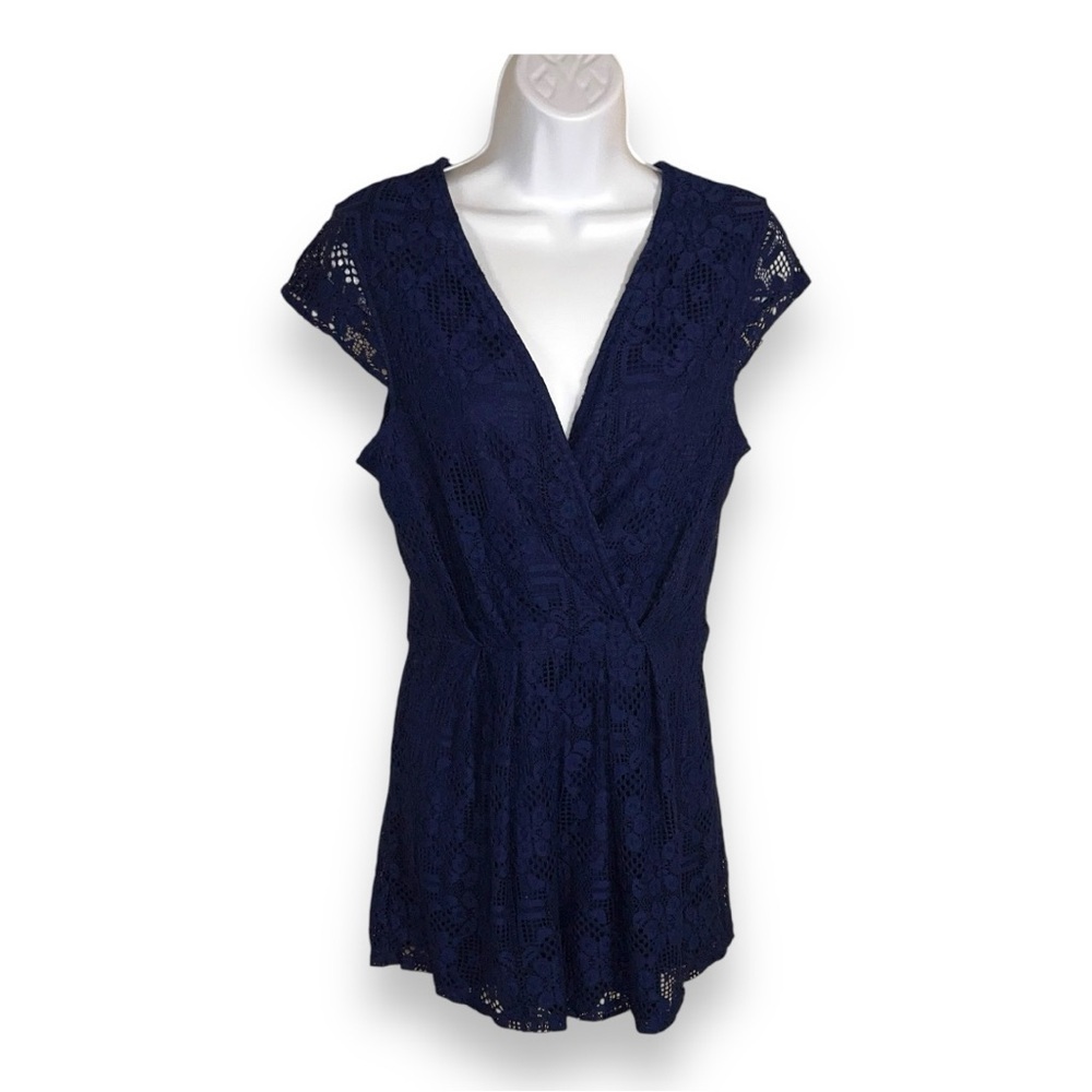 MEDIUM DINA B BLUE LACE ROMPER EVENT PARTY SHORT SLEEVE VNECK STRETCH LINED